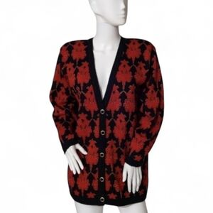 Vtg 90s Knit Cardigan red black patterned long Wool Blend By Casual Corner Sz M